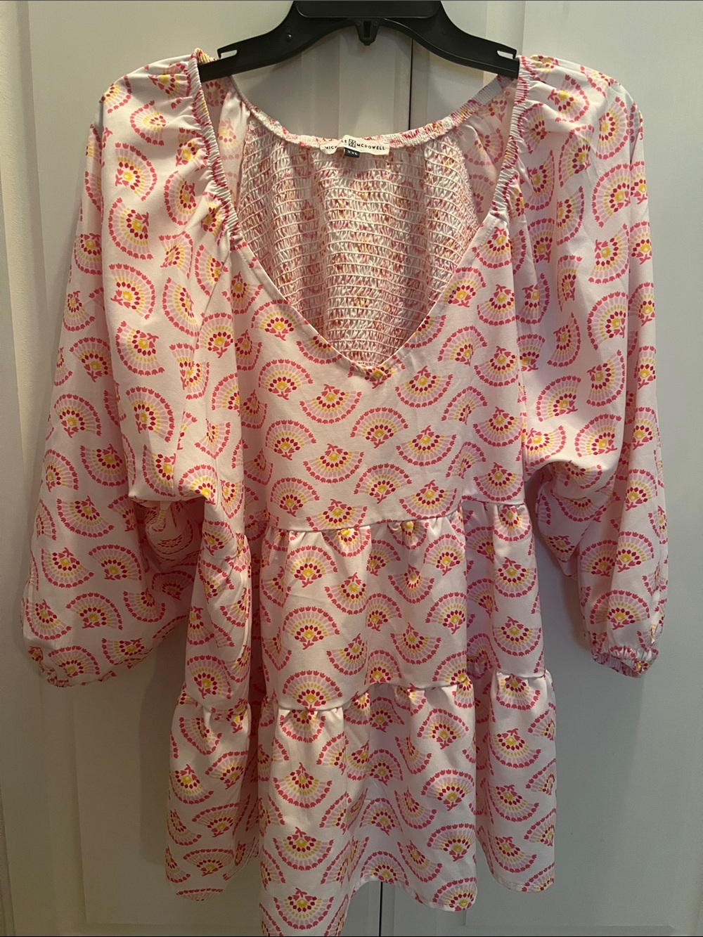 Michelle Mcdowell V-Neck Cool Lightweight Sleeves, White Pink Yellow Top